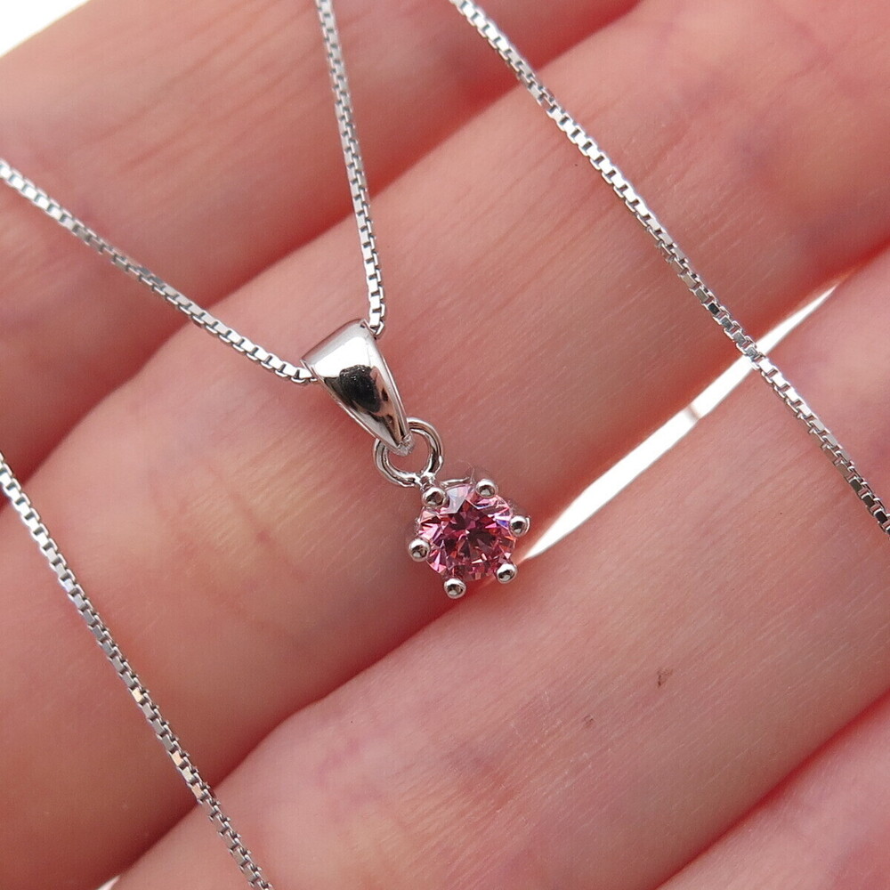 925 Sterling Silver Italy Round-Cut Pink C Z Box Chain Necklace 16-18"